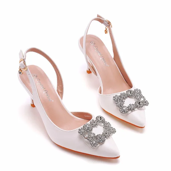 Chic / Belle Blanche Faux Diamant Chaussure De Mariée 2022 7 cm Talons Aiguilles À Bout Pointu Mariage Sandales Talons Hauts