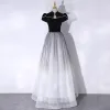 Chinese style Black Pearl Floor-Length / Long Formal Dresses 2024 A-Line / Princess High Neck Cap Sleeves Prom Prom Dresses