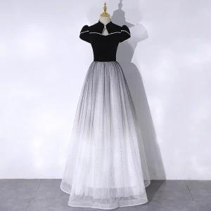 Chinese Style Black Pearl Floor Length Long Formal Dresses 2024 A Line Princess High Neck Cap Sleeves Prom Prom Dresses