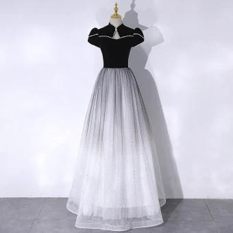 Chinese Style Black Pearl Floor Length Long Formal Dresses 2024 A Line Princess High Neck Cap Sleeves Prom Prom Dresses
