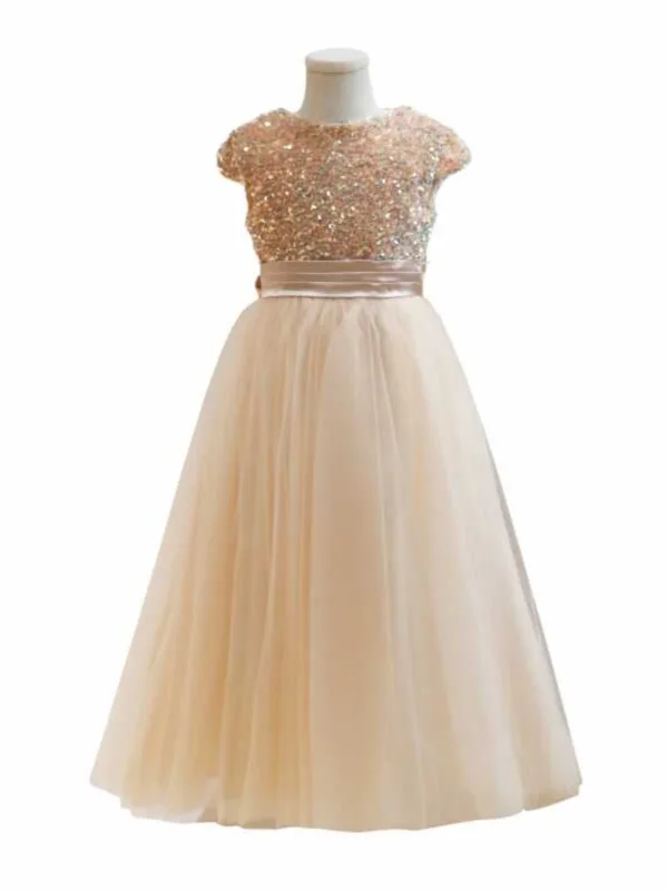 Sparkly Gold Sequins Birthday Flower Girl Dresses 2024 A-Line / Princess Scoop Neck Cap Sleeves Bow Sash Floor-Length / Long Tulle