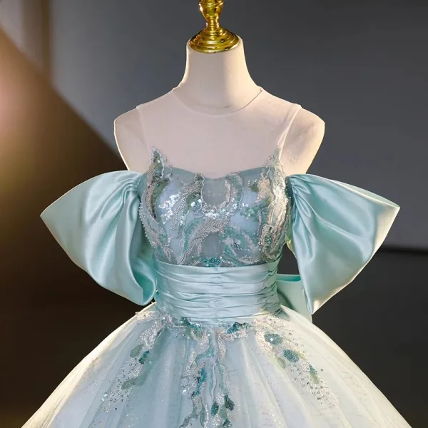 Elegant Sky Blue Beading Sequins Prom Dresses 2023 Ball Gown Scoop Neck Short Sleeve Backless Bow Floor-Length / Long Prom Formal Dresses