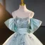 Elegant Sky Blue Beading Sequins Prom Dresses 2023 Ball Gown Scoop Neck Short Sleeve Backless Bow Floor-Length / Long Prom Formal Dresses