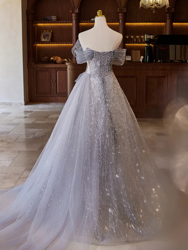 High-end Grey Beading Sequins Prom Dresses 2024 A-Line / Princess Off-The-Shoulder Sleeveless Backless Floor-Length / Long Prom Formal Dresses
