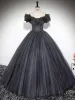 Chic / Beautiful Black Glitter Prom Dresses 2024 Ball Gown Off-The-Shoulder Short Sleeve Backless Floor-Length / Long Prom Formal Dresses