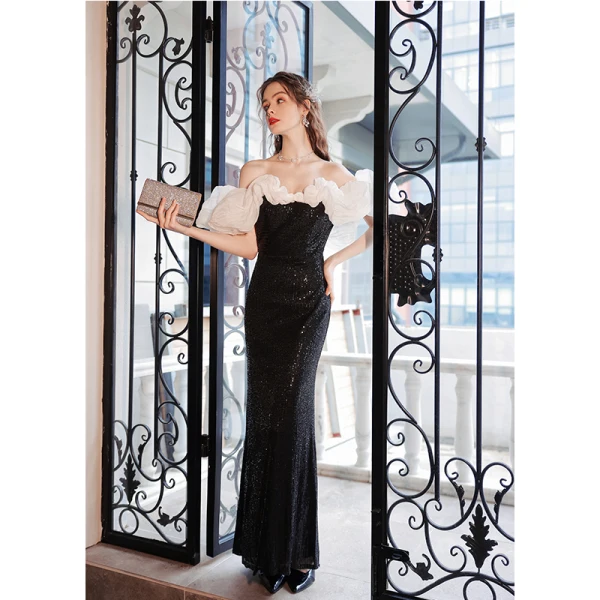 Charmant Noire Paillettes Robe De Soirée 2022 Trompette / Sirène Volants De l'épaule Manches Courtes Dos Nu Longue Robe De Ceremonie