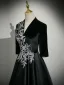 Vintage / Retro Black Sequins Lace Flower Velvet Floor-Length / Long Mother Of The Bride Dresses 2025 A-Line / Princess V-Neck 1/2 Sleeves