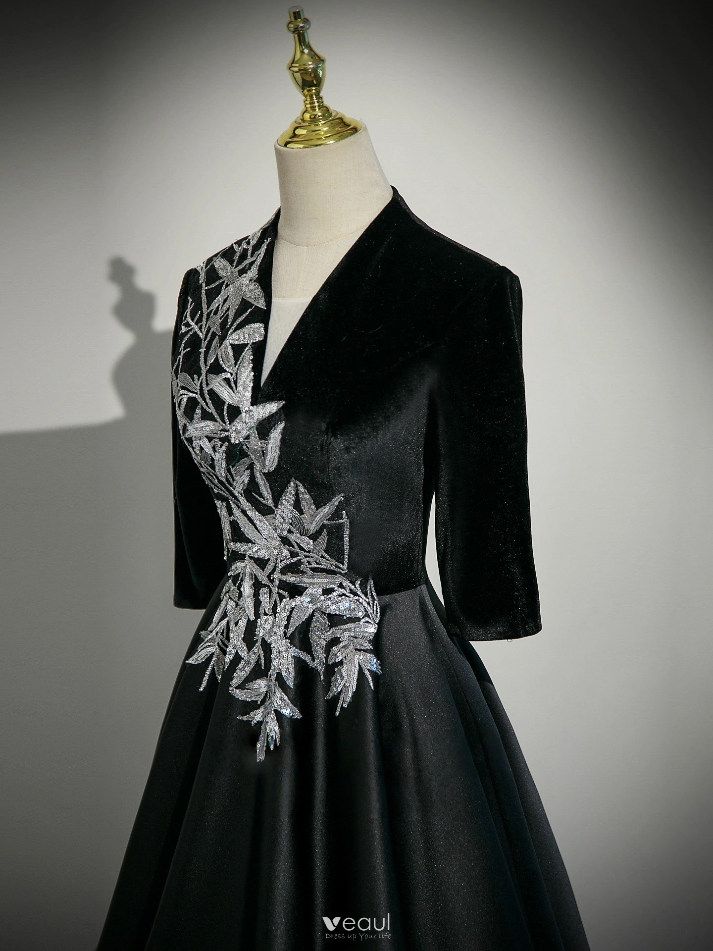 black velvet dress with sequins Asymmetrical Black Velvet Dress Accessorized With Sequins Belt