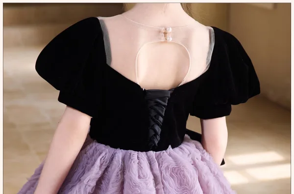 Chic / Beautiful Lavender Bow Ruffle Birthday Flower Girl Dresses 2025 Ball Gown Scoop Neck Short Sleeve Backless Floor-Length / Long