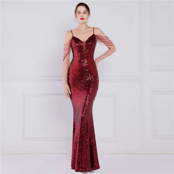 Scintillantes Blanche Laser Paillettes Robe De Soirée 2022 Trompette / Sirène Bretelles Spaghetti Sans Manches Dos Nu Perlage Longue Soirée Robe De Ceremonie