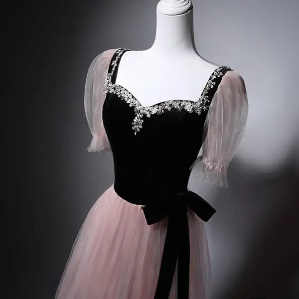 Chic / Beautiful Blushing Pink Rhinestone Prom Dresses 2025 A-Line / Princess Square Neckline Short Sleeve Backless Bow Sash Floor-Length / Long Prom Formal Dresses