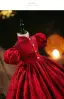 Elegant Burgundy Lace Flower Birthday Flower Girl Dresses 2024 Ball Gown High Neck Short Sleeve Floor-Length / Long