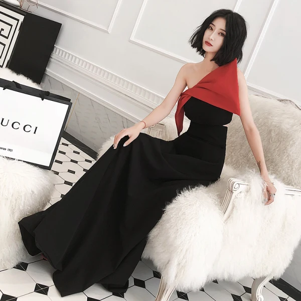 Chic / Beautiful Black Prom Dresses 2022 A-Line / Princess Strapless Bow Sleeveless Backless Floor-Length / Long Prom Formal Dresses