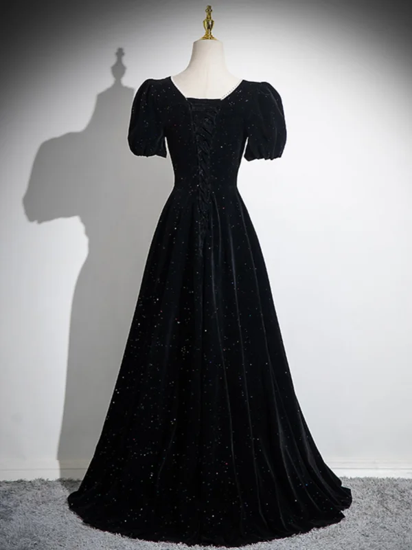 Elegant Black Glitter Prom Dresses 2024 A-Line / Princess Square Neckline Short Sleeve Backless Floor-Length / Long Formal Dresses