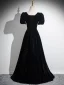 Elegant Black Glitter Prom Dresses 2024 A-Line / Princess Square Neckline Short Sleeve Backless Floor-Length / Long Formal Dresses