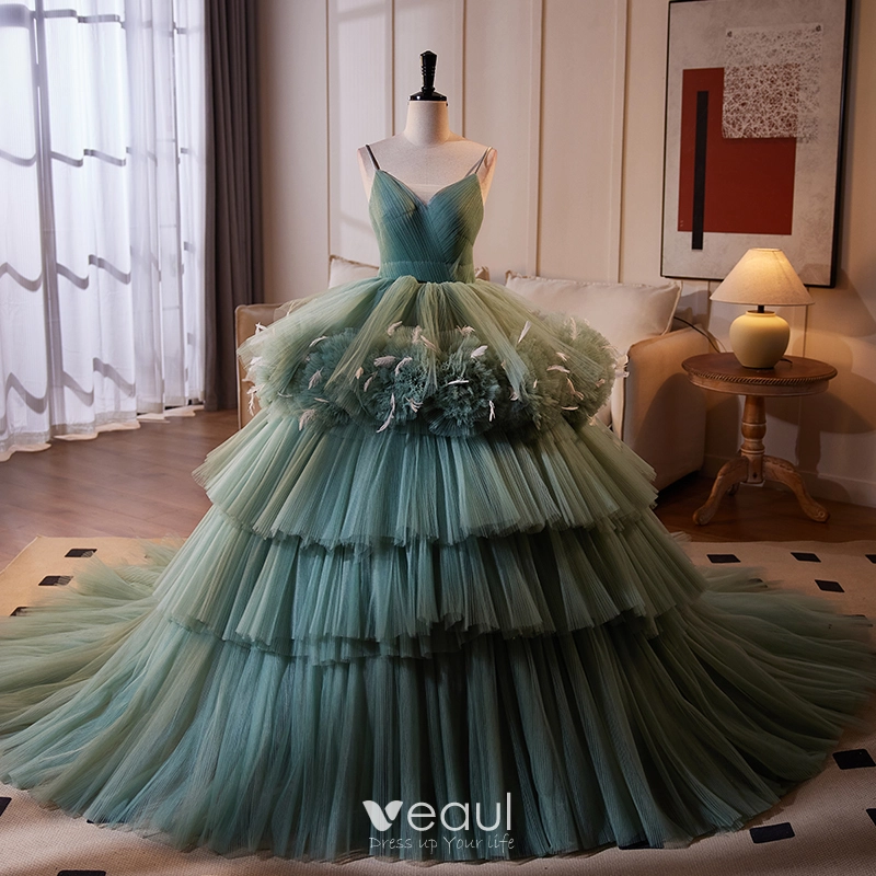 Elegant Jade Green Cascading Ruffles Ruffle Prom Dresses 2024 Ball Gown Spaghetti Straps Sleeveless Backless Court Train Prom Formal Dresses Elegant Jade Green Cascading Ruffles Ruffle Prom Dresses 2024 Ball Gown Spaghetti Straps Sleeveless Backless Court Train Prom Formal Dresses