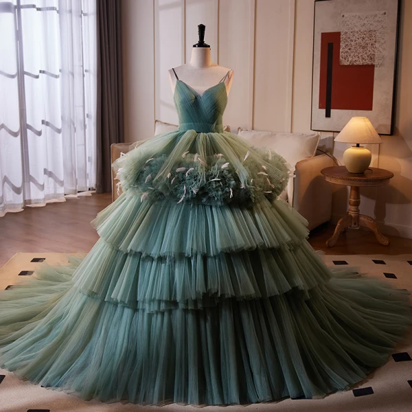 Elegant Jade Green Cascading Ruffles Ruffle Prom Dresses 2024 Ball Gown  Spaghetti Straps Sleeveless Backless Court Train Prom Formal Dresses