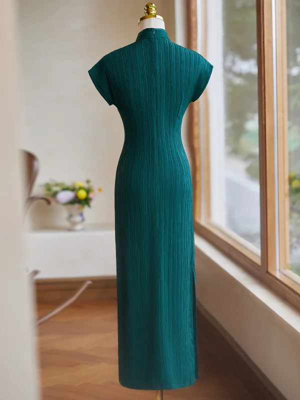 Chinese style Vintage / Retro Dark Green Prom Cheongsam 2024 Trumpet / Mermaid High Neck Short Sleeve Floor-Length / Long