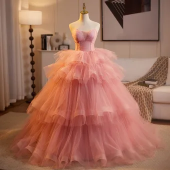 Chic Beautiful Blushing Pink Cascading Ruffles Prom Dresses 2025 Ball Gown Strapless Sleeveless Backless Floor Length Long Prom Formal Dresses