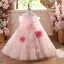 Chic / Beautiful Blushing Pink Appliques Birthday Flower Girl Dresses 2025 Ball Gown Off-The-Shoulder Short Sleeve Backless Floor-Length / Long