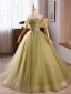Modest / Simple Sage Green Appliques Prom Dresses 2024 Ball Gown Off-The-Shoulder Short Sleeve Backless Sweep Train Prom Formal Dresses