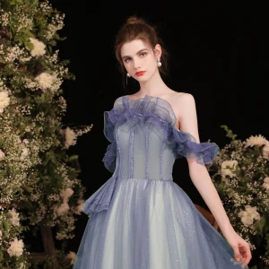 Charmant Violet Perlage Paillettes Robe De Soirée 2022 Princesse Volants De L Épaule Sans Manches Dos Nu Longue Soirée Robe De Ceremonie