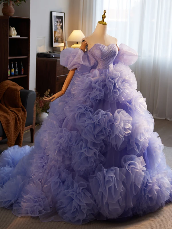 Fashion Lavender Ruffle Prom Dresses 2024 Ball Gown Strapless Puffy Short Sleeve Backless Sweep Train Prom Formal Dresses
