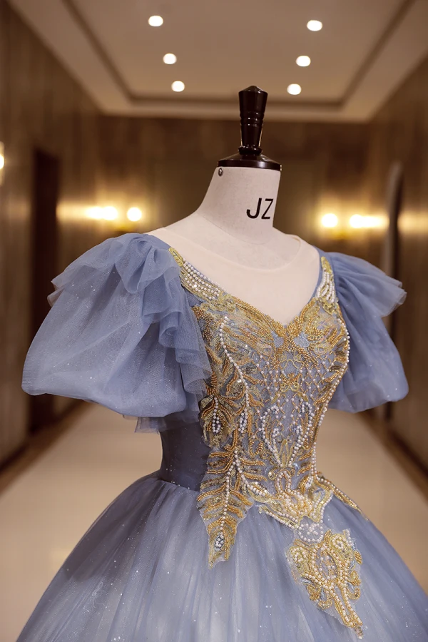 Elegante Himmelblau Perlenstickerei Perle Pailletten Ballkleider 2022 Ballkleid Rundhalsausschnitt Geschwollenes Kurze Ärmel Rückenfreies Lange Festliche Kleider