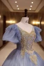 Elegante Himmelblau Perlenstickerei Perle Pailletten Ballkleider 2022 Ballkleid Rundhalsausschnitt Geschwollenes Kurze Ärmel Rückenfreies Lange Festliche Kleider