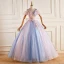 Chic / Beautiful Gradient-Color Pearl Sequins Lace Flower Prom Dresses 2022 Ball Gown V-Neck Short Sleeve Backless Bow Floor-Length / Long Prom Formal Dresses