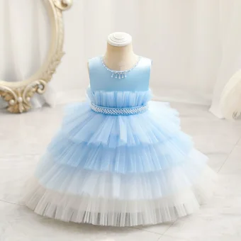 Chic Belle Bleu Ciel Volants En Cascade Anniversaire Robe Ceremonie Fille 2023 Robe Boule Encolure Dégagée Sans Manches Perle Ceinture Longue Robe Ceremonie Fille