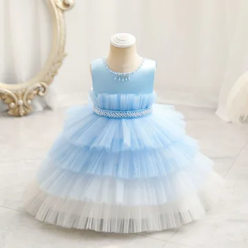 Chic Beautiful Sky Blue Cascading Ruffles Birthday Flower Girl Dresses 2023 Ball Gown Scoop Neck Sleeveless Pearl Sash Floor Length Long Flower Girl Dresses