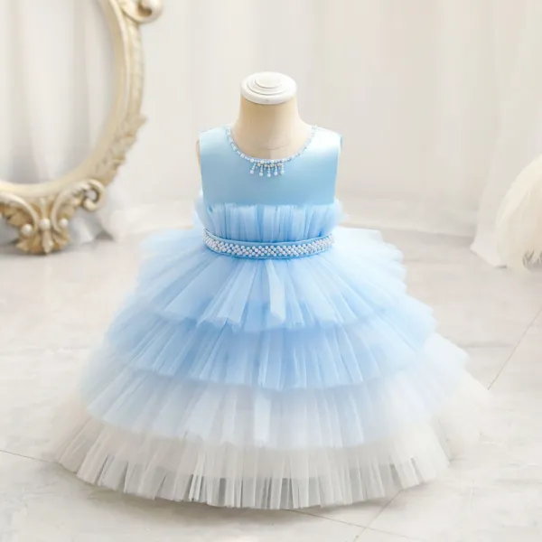 Chic / Beautiful Sky Blue Cascading Ruffles Birthday Flower Girl Dresses 2023 Ball Gown Scoop Neck Sleeveless Pearl Sash Floor-Length / Long Flower Girl Dresses