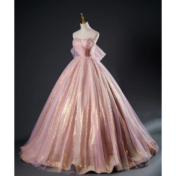 Chic / Beautiful Blushing Pink Glitter Sequins Prom Dresses 2023 Ball Gown Strapless Sleeveless Backless Floor-Length / Long Prom Formal Dresses