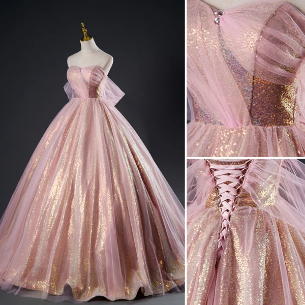 Chic / Beautiful Blushing Pink Glitter Sequins Prom Dresses 2023 Ball Gown Strapless Sleeveless Backless Floor-Length / Long Prom Formal Dresses