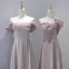 Modest / Simple Blushing Pink Satin Bridesmaid Dresses 2023 A-Line / Princess Off-The-Shoulder Sleeveless Backless Pearl Bow Sash Tea-length Bridesmaid Dresses