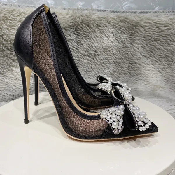 Charming Black Evening Party Rhinestone Pearl Bow Pumps 2022 12 cm Stiletto Heels Pointed Toe Pumps High Heels