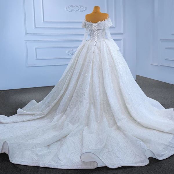 Luxury / Gorgeous White Beading Sequins Wedding Dresses 2022 Ball Gown Off-The-Shoulder Long Sleeve Backless Royal Train Wedding