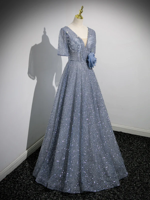 Sparkly Sky Blue Beading Appliques Prom Dresses 2023 A-Line / Princess V-Neck Short Sleeve Backless Floor-Length / Long Formal Dresses