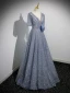 Sparkly Sky Blue Beading Appliques Prom Dresses 2023 A-Line / Princess V-Neck Short Sleeve Backless Floor-Length / Long Formal Dresses