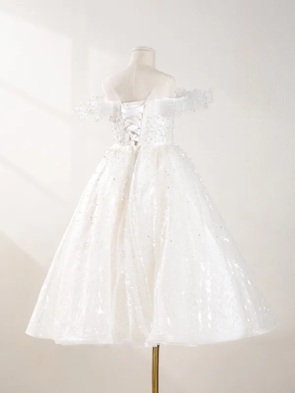 Bling Bling White Beading Pearl Sequins Wedding Flower Girl Dresses 2024 A-Line / Princess Scoop Neck Sleeveless Backless Floor-Length / Long Tulle