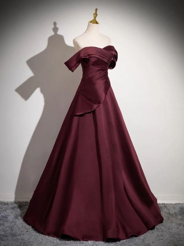 Vintage Burgunderrot Satin Ballkleider 2024 A Linie Off Shoulder Ärmellos Rückenfreies Lange Ball Festliche Kleider