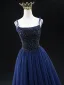 Vintage / Originale Bleu Marine Paillettes Robe De Bal 2024 Princesse Bretelles Spaghetti Sans Manches Dos Nu Longue Promo Robe De Ceremonie