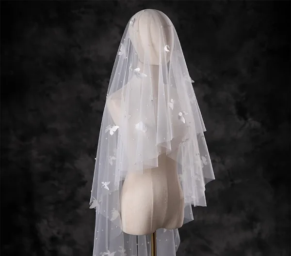 Charmant Blanche Fait main Perle Papillon Tulle Voile De Mariée 2025
