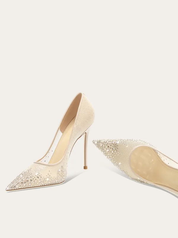 Charmant Nude Rhinestone Bruidsschoenen 2025 Leer 10 cm Naaldhakken / Stiletto Spitse Neus Huwelijk Pumps Hoge Hakken