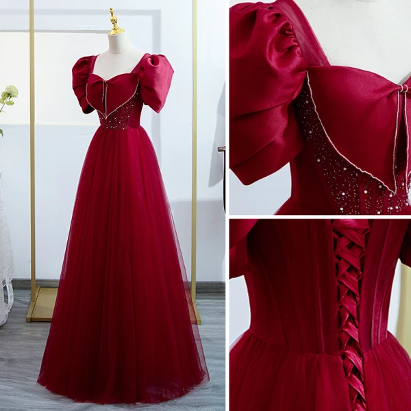 Elegant Burgundy Prom Dresses 2022 A-Line / Princess Square Neckline Puffy Short Sleeve Bow Pearl Floor-Length / Long Formal Dresses