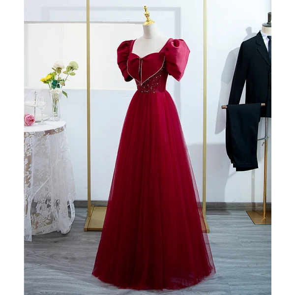 Elegant Burgundy Prom Dresses 2022 A-Line / Princess Square Neckline Puffy Short Sleeve Bow Pearl Floor-Length / Long Formal Dresses