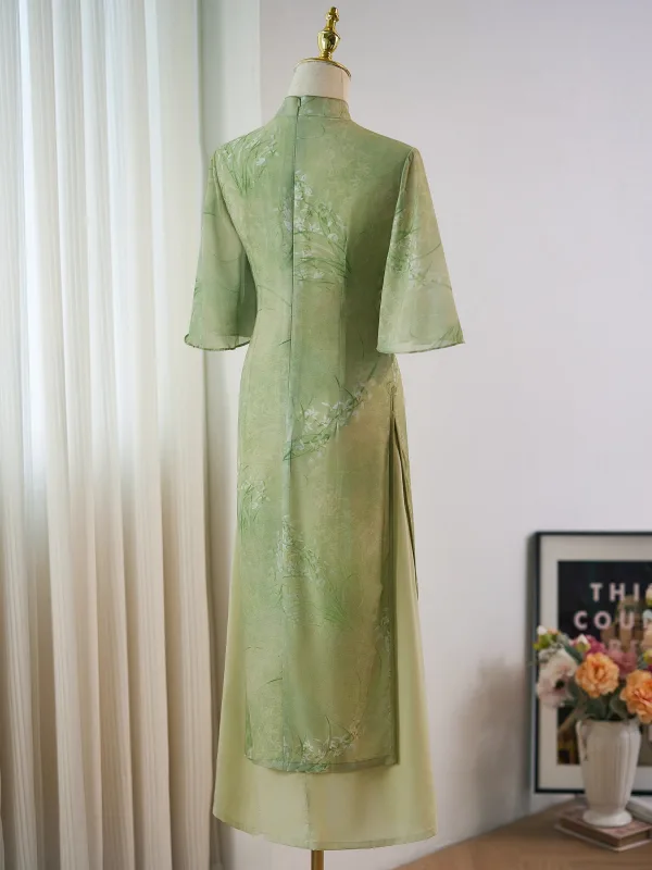 Chinese style Sage Green Printing Tea-length Cheongsam 2024 Trumpet / Mermaid High Neck Short Sleeve