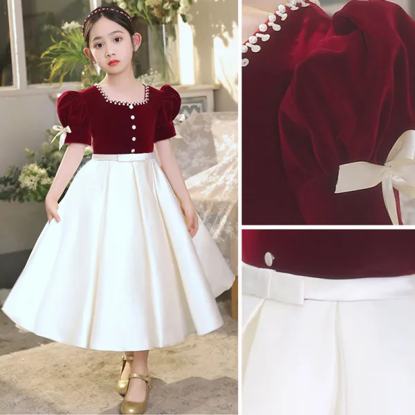 Elegant Burgundy Pearl Satin Prom Flower Girl Dresses 2022 A-Line / Princess Square Neckline Short Sleeve Bow Sash Floor-Length / Long Flower Girl Dresses