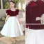 Elegant Burgundy Pearl Satin Prom Flower Girl Dresses 2022 A-Line / Princess Square Neckline Short Sleeve Bow Sash Floor-Length / Long Flower Girl Dresses